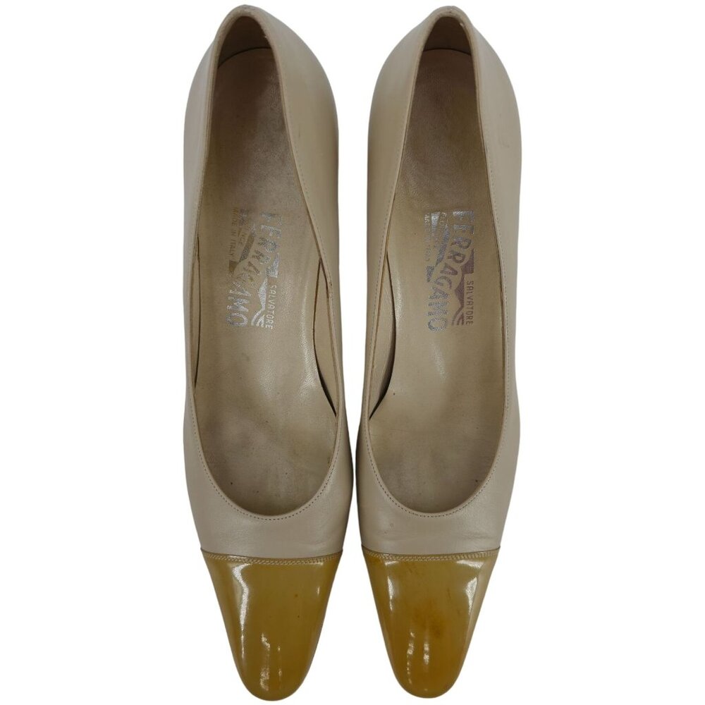Salvatore Ferragamo Italy Beige Yellow Leather Dress Shoes Womens 8.5 AAAA Heels - Picture 10 of 11